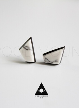 木丘 乌木黑檀木质耳钉松石白色大理石纹不规则形状925银防过敏