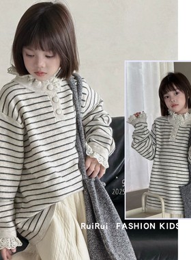 G＋童装2025冬款韩系女童花边立领毛衣绵羊毛混纺条纹针织衫52853