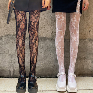 蕾丝白色丝袜女春夏提花潮ins性感黑丝连裤jk黑色鱼网白丝渔网袜