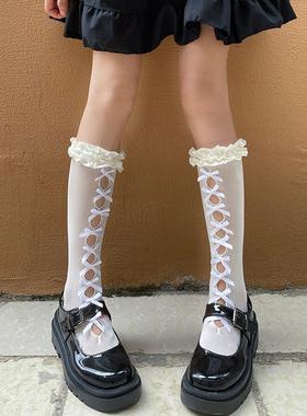 洛丽塔袜子女秋季中筒袜jk蕾丝花边可爱蝴蝶结春秋黑白色堆堆小腿