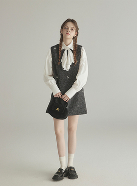 三十三【Falling Petals】千金风刺绣背心裙女2024秋新款领结衬衫