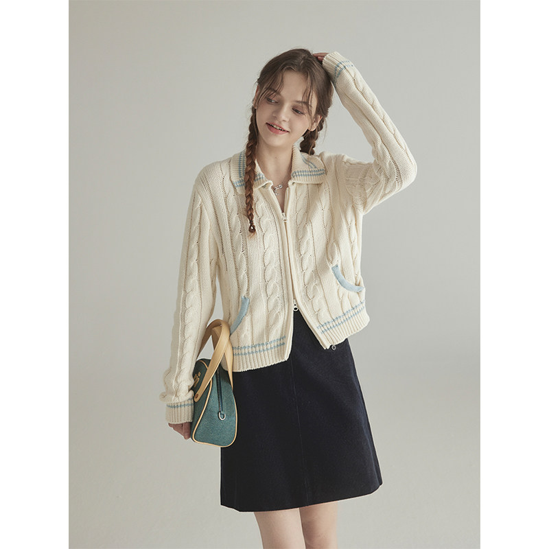 三十三【麻花律动】学院风拼色针织开衫女2024秋季慵懒气质感外套