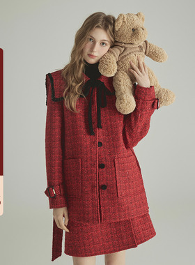 三十三【red-album】新年红色套装外套女高腰a字半身短裙