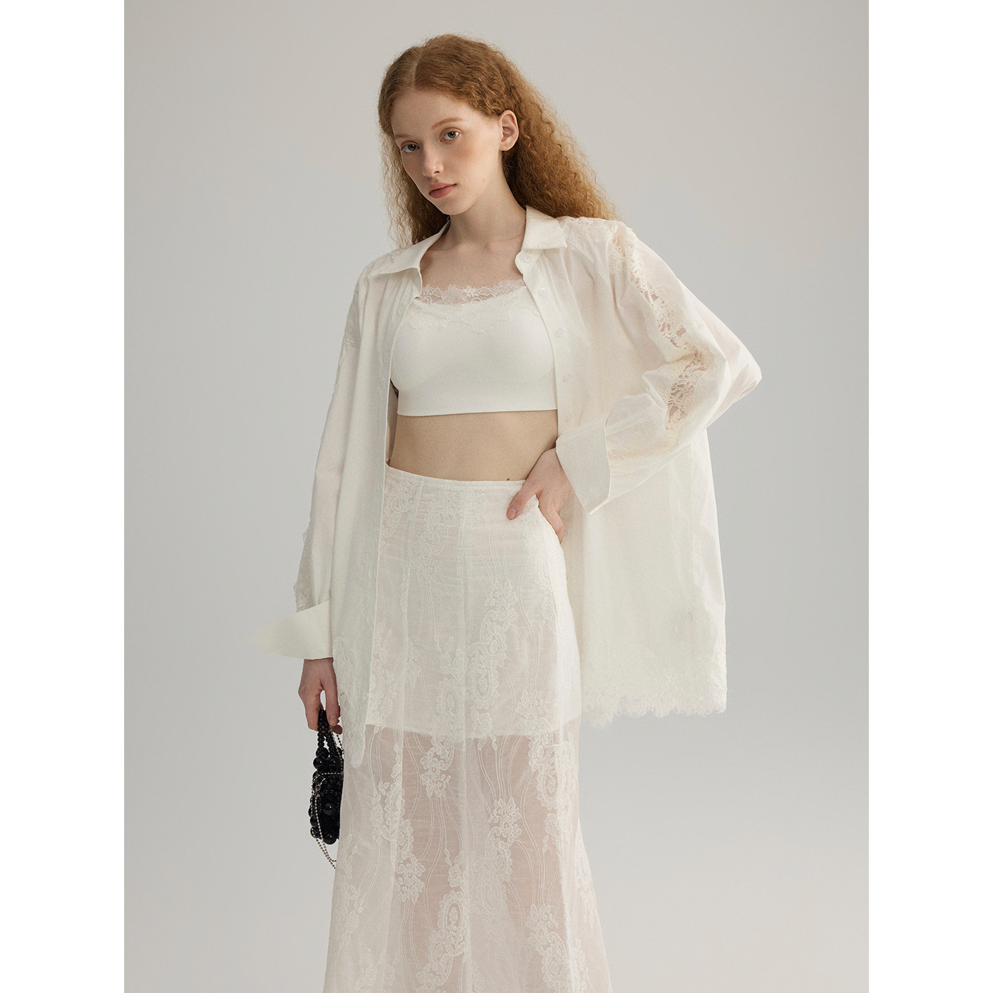 三十三【云边茶会】法式蕾丝拼接长袖衬衫女2025夏季高级通勤上衣