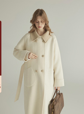 三十三【欧云airport】 米白色翻领双面呢外套女双排扣设计感大衣
