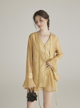 三十三【薄雾清晨】v领新中式禅意风衬衫女夏季高腰a字半身裙套装