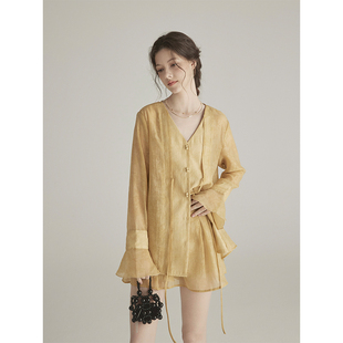 三十三【薄雾清晨】v领新中式禅意风衬衫女夏季高腰a字半身裙套装