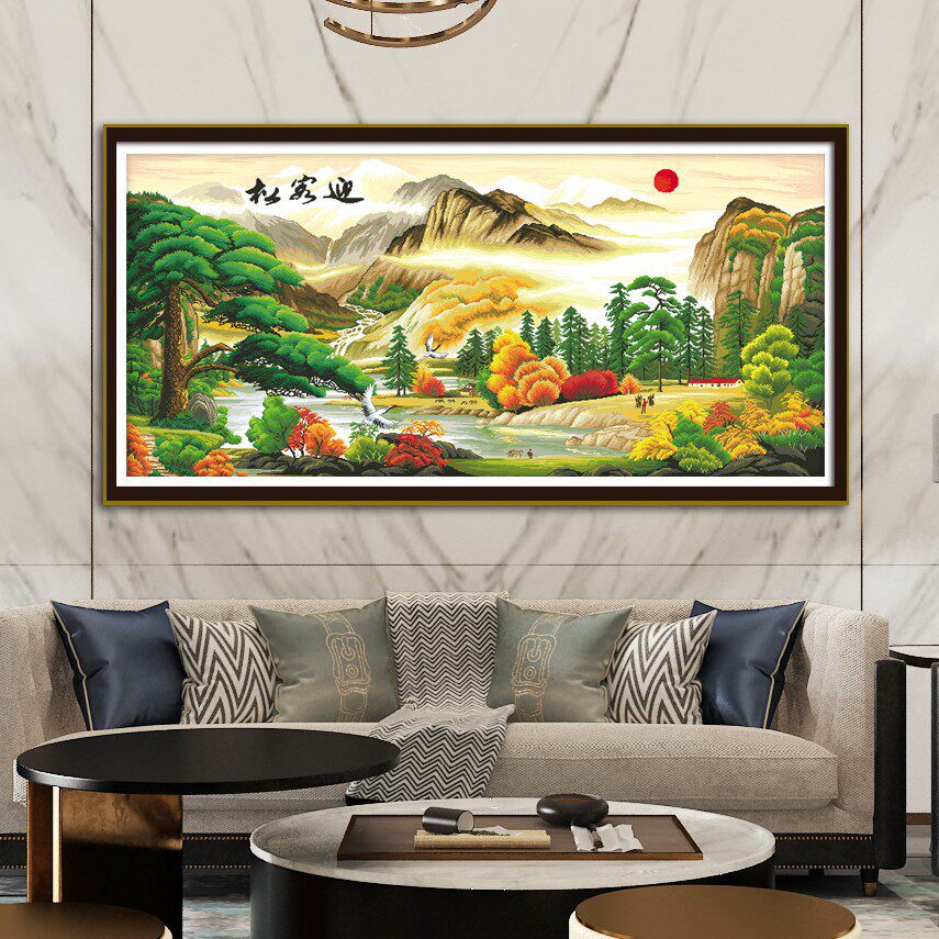 新款迎客松金运版十字绣金色美丽景色风景画客厅装饰手工刺绣2026