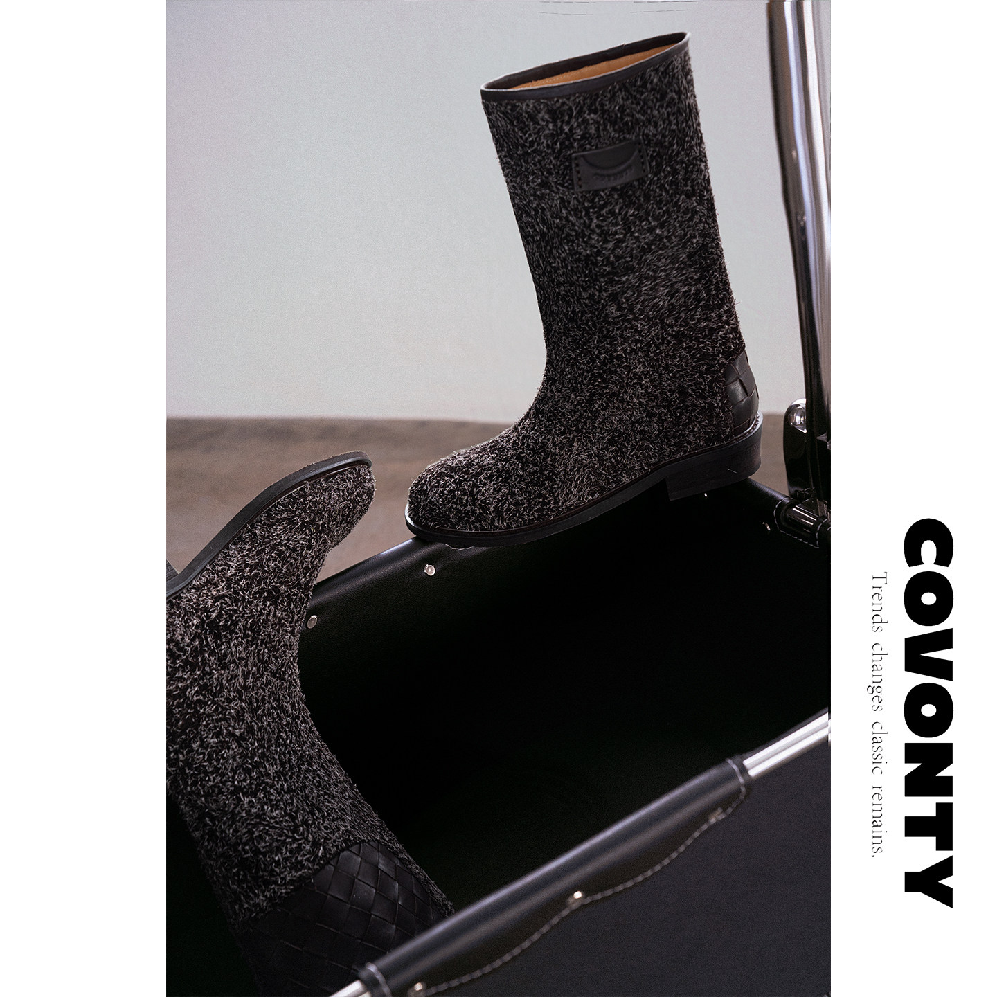 COVONTY「original」小时髦 雪花绒牛皮中筒靴女宽筒粗跟骑士短靴,女鞋,骑士靴,淘宝优惠券,粉丝福利购,淘宝优惠卷