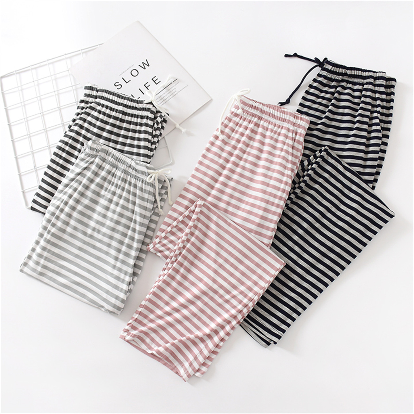 莫代尔睡裤女长裤春秋宽松薄款弹力大码休闲运动条纹家居裤可外穿