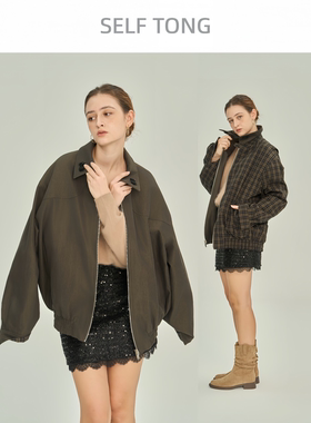 【回归乡野】独家复古双面穿咖色格纹订珠拉链宽松短外套夹克女