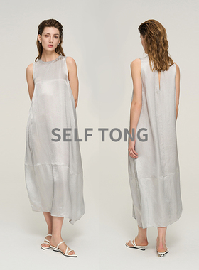 25春新品进口醋酸可机洗茧型结构微皱凉感透气气质无袖长款连衣裙