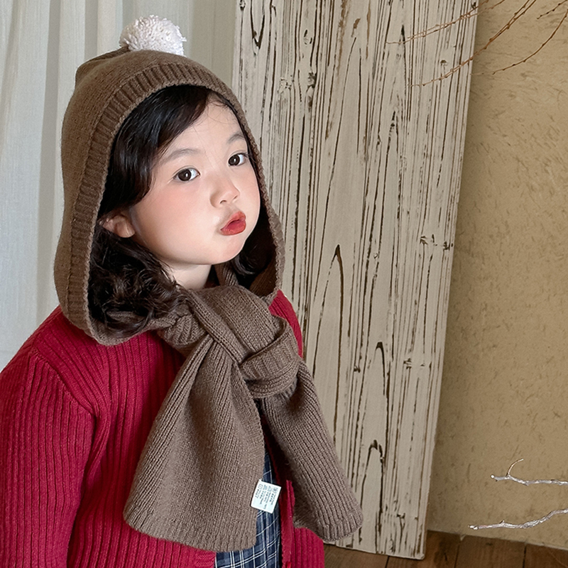 韩版儿童保暖帽子冬季萌球球男女儿童护耳帽围巾一体帽ins针织潮