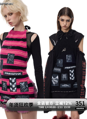 PINKSPINK|26/AW原创电月贴布绣Black metal朋克针织围裙辣妹毛衣