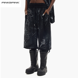 PINKSPINK原创电月涂漆无性别宽松街头Y2K叠穿阔腿做旧卫裤 7分裤