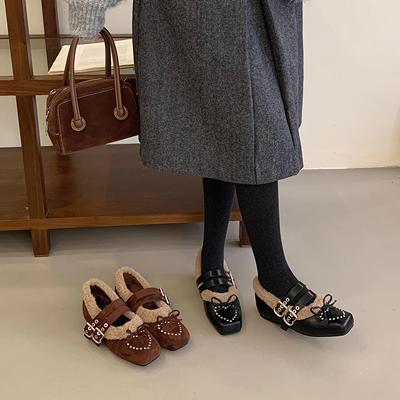 内增高2025冬季新款方头铆钉女双扣浅口单鞋蝴蝶结平底毛毛鞋棉鞋