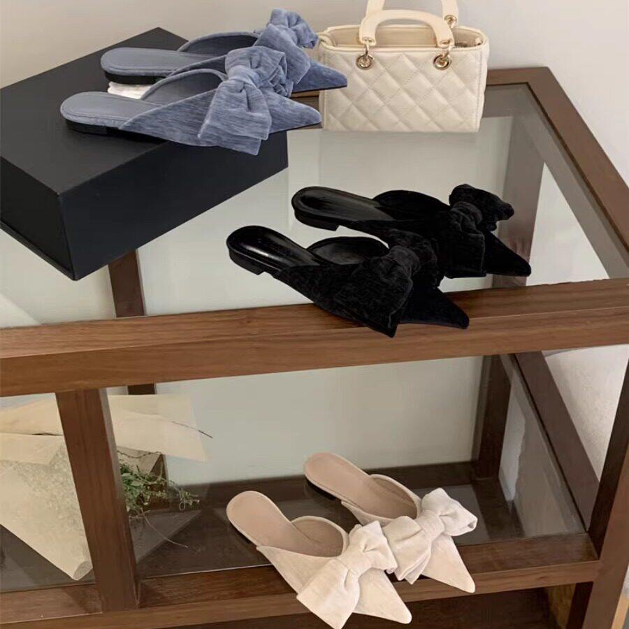 法式蝴蝶结尖头包头半拖鞋女平底穆勒鞋外穿气质凉拖