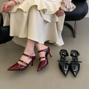 女单鞋 2026夏酒红色水钻包头半拖凉鞋 细跟尖头名媛御姐约会高跟鞋