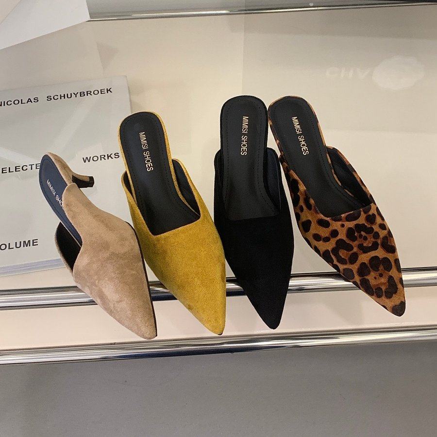 韩版气质细跟低跟凉拖鞋女2026春夏新款豹纹绒面尖头猫跟包头半拖,女鞋,玛丽珍鞋,淘宝优惠券,粉丝福利购,淘宝优惠卷