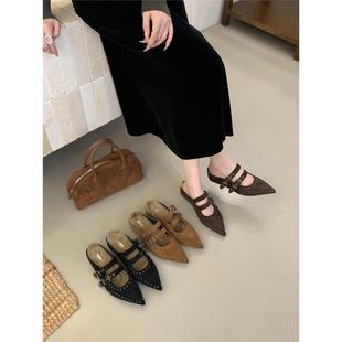 內(nèi)加絨尖頭厚底中跟包頭半拖軟底淺口皮帶扣拖鞋 女 新款 2025秋季