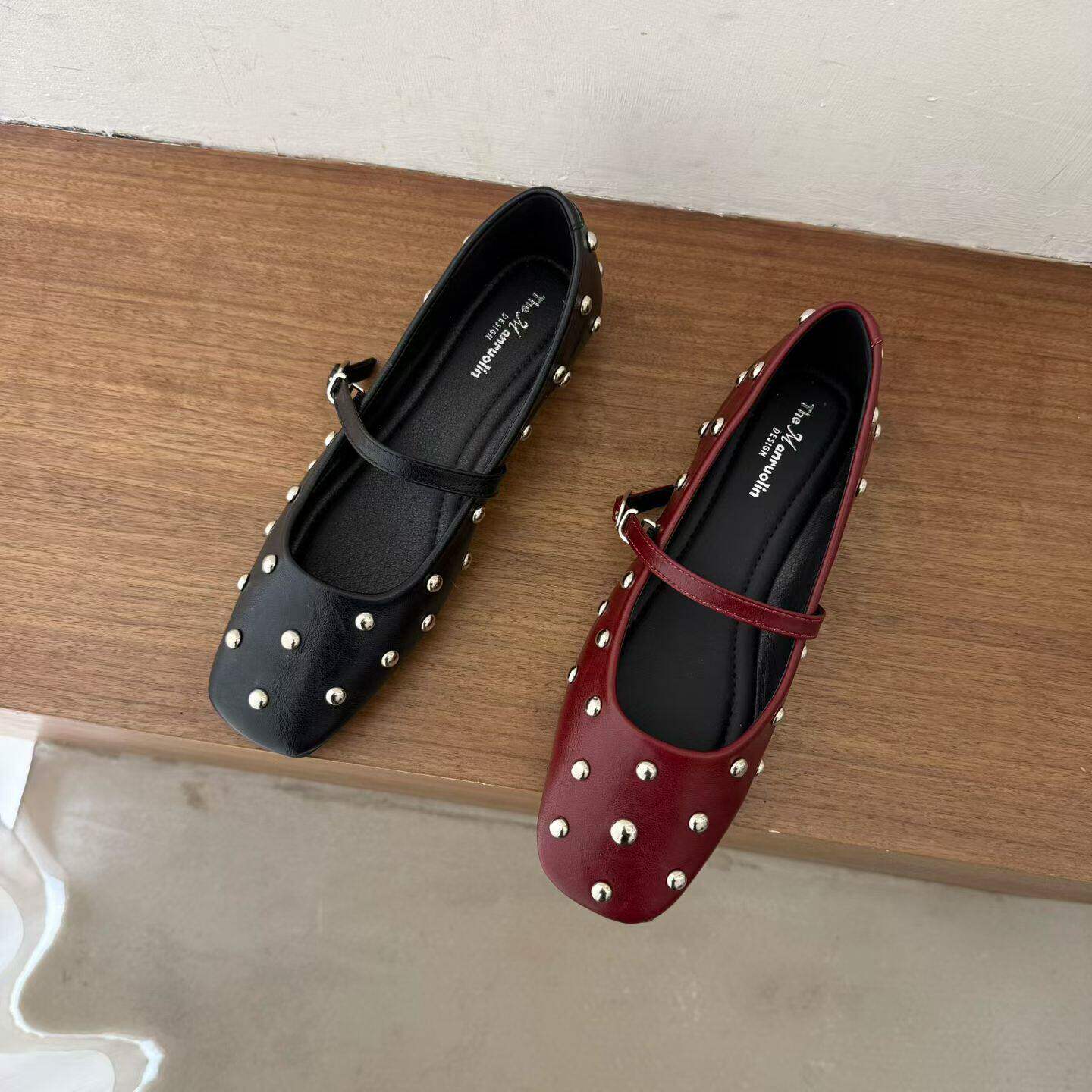 复古方头一字扣带内增高红色玛丽珍鞋女鞋子百搭通勤铆钉芭蕾单鞋