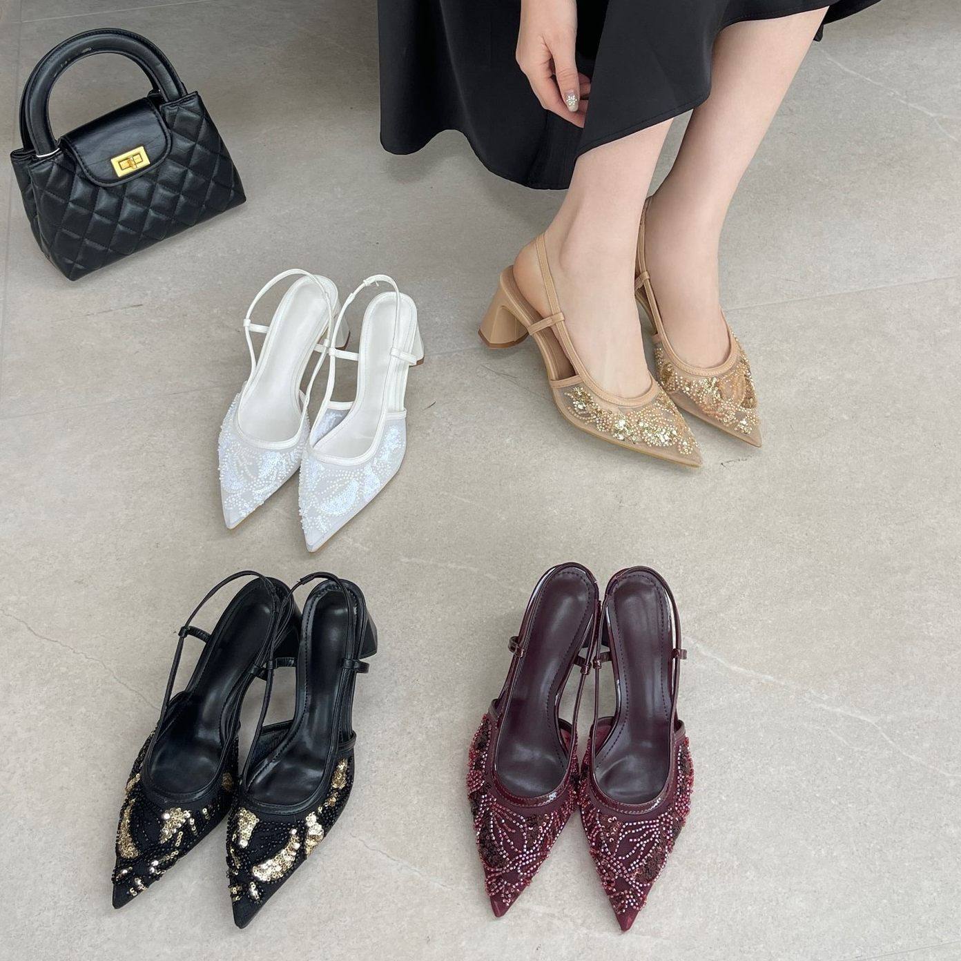 法式編織包頭涼鞋女夏尖頭細跟高跟鞋氣質顯瘦一字帶,女鞋,一字带凉鞋,淘宝优惠券,粉丝福利购,淘宝优惠卷