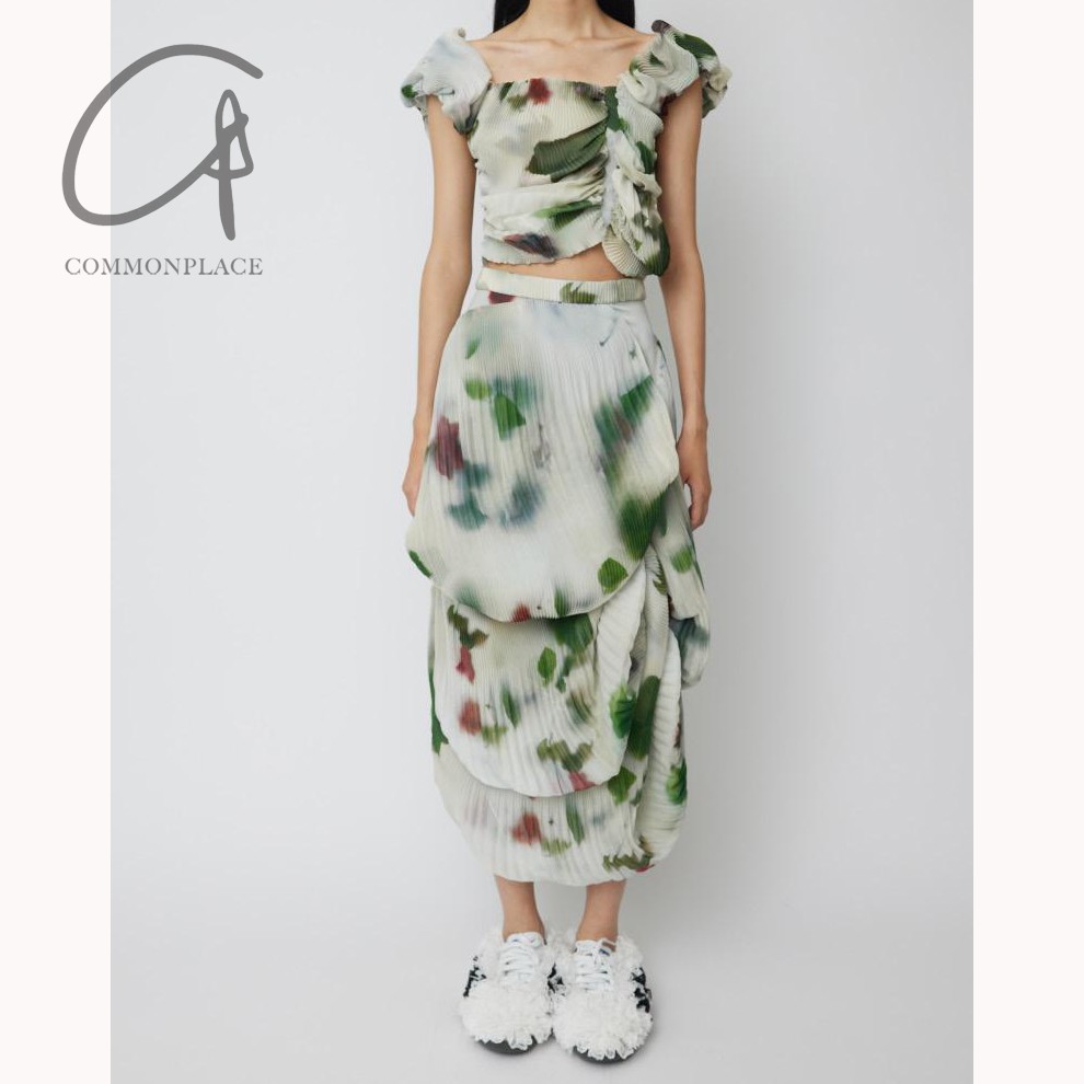 50%OFF CAROLINE HU  玫瑰印花贝壳褶皱迷笛裙