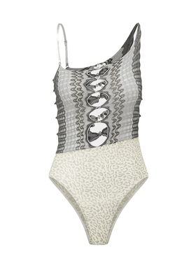 RUI built 26早春 涟漪针织拼接豹纹网纱连体衣