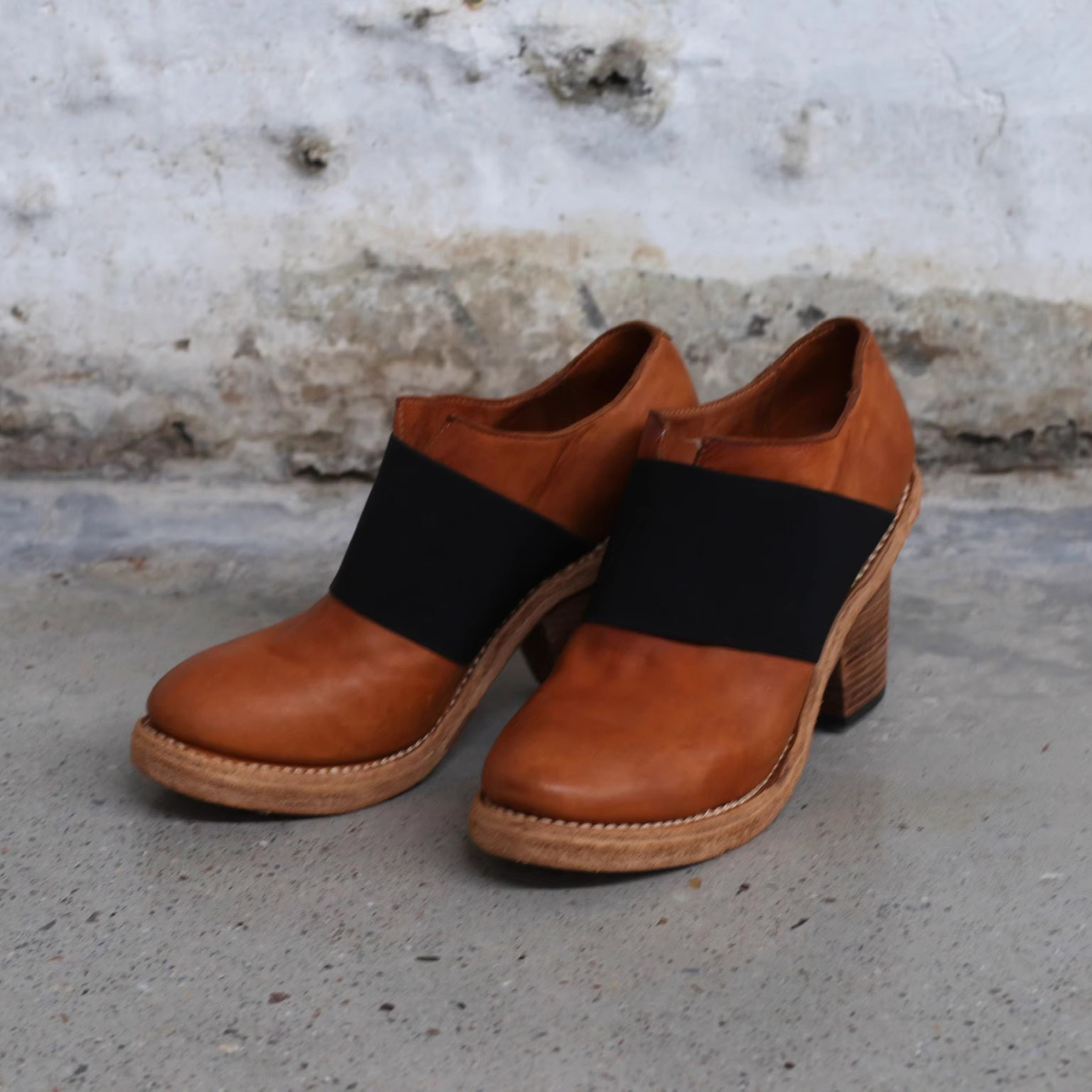 清仓折扣 Guidi 马皮弹力斜粗跟单鞋意大利手作common place