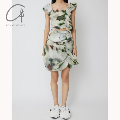 60%OFF CAROLINE HU  玫瑰印花贝壳褶皱迷你裙