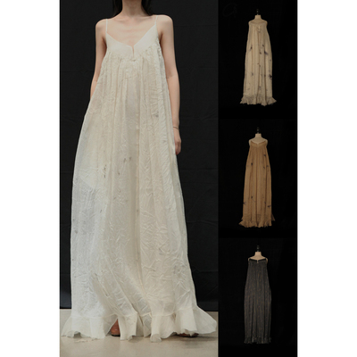 古典植物染色真丝吊带连衣裙