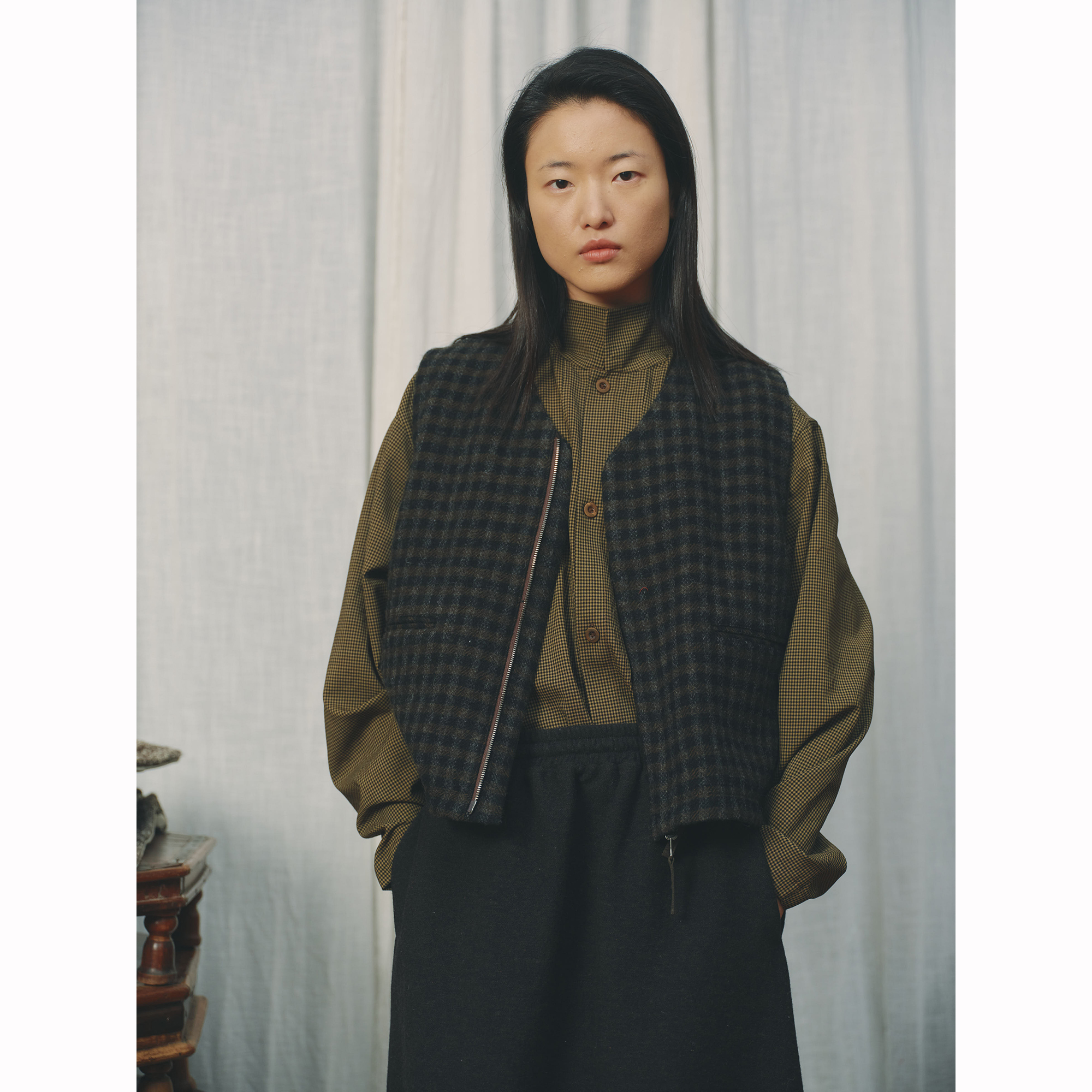 40%OFF AVIVA JIFEI XUE 炭羊毛格纹双面拉链背心