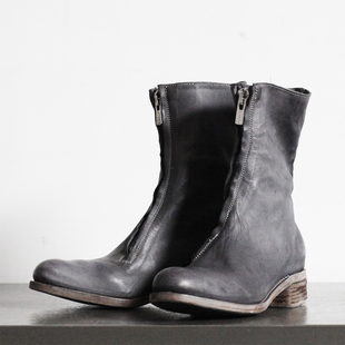 植鞣 60%OFF 意大利手工 袋鼠皮前斜拉链女靴子 暗黑先锋 A1923