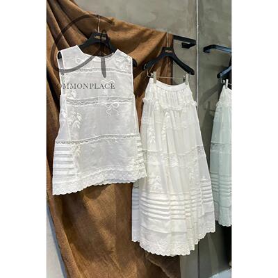 CAROLINE HU 蝴蝶结花刺绣亚麻蕾丝套装