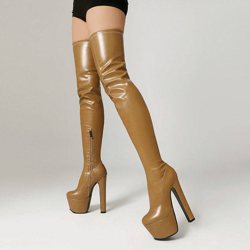 恨天高粗跟17cm超高跟鞋防水台大码情趣舞台演出漆皮圆头过膝长靴