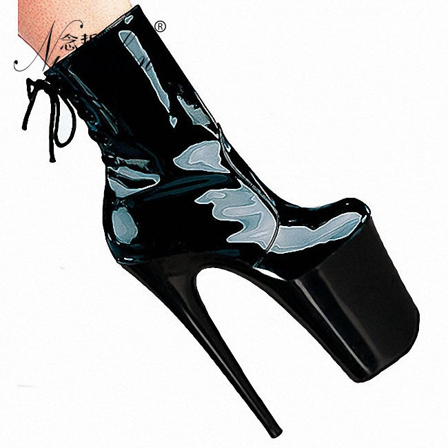 黑色漆皮圆头低筒靴恨天高厚底20公分超高跟鞋18cm细跟礼服鞋欧美