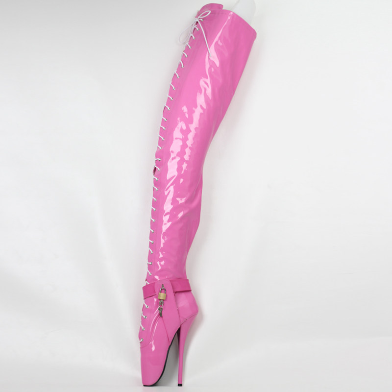 超高跟18厘米芭蕾舞过膝长靴带锁系带漆皮SM情趣女王调教大码定制