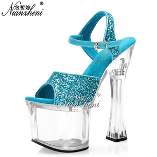 18公分高跟鞋超高酒杯跟水晶防水台大码闪粉亮片凉鞋舞台演出夜店
