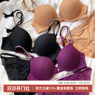法式性感光面无痕小胸显大上薄下厚内衣套装软钢圈文胸烫钻聚拢
