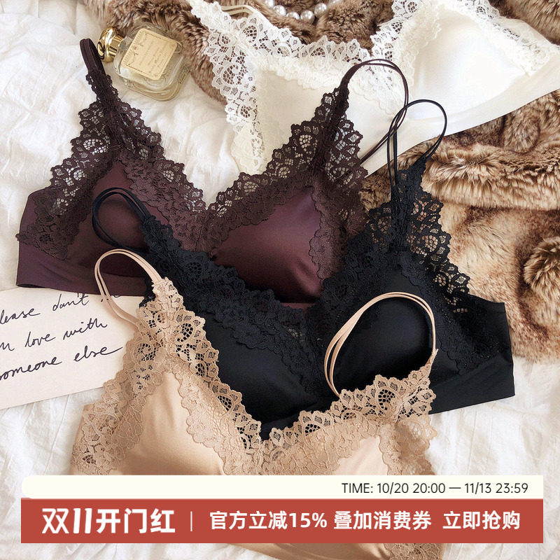 法式缎面蕾丝V领性感内衣薄款文胸三角杯大胸显小聚拢无痕无钢圈