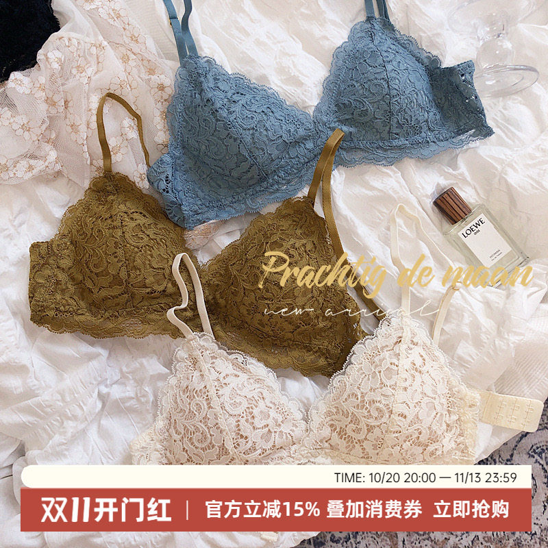 小众ins风立体蕾丝三角杯薄垫聚拢性感无钢圈细带文胸bra奶罩内衣