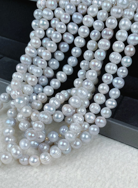 难得具美似澳白银蓝色度天然淡水螺纹强光极光8-9mm螺纹珍珠项链
