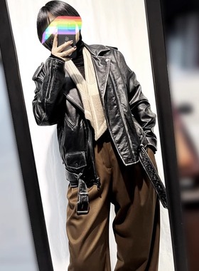 高端样衣特有感高品质牛皮人工磨白做旧机车皮衣夹克黑色外套D313