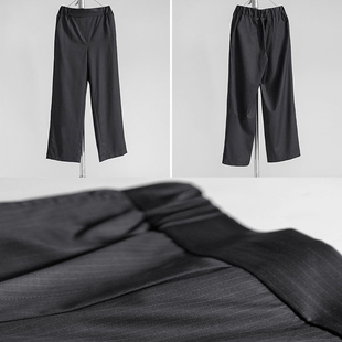 Q642 真丝羊毛竖条纹松紧腰小直筒小阔腿长裤 三季 专属利落有光泽