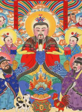 张世英手绘传统年画｜中堂画 福寿吉祥招财进宝 茶室家居装饰挂画