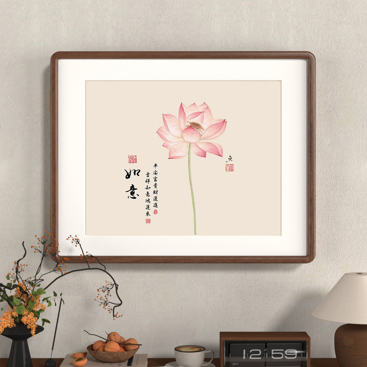 荷花装饰画北美黑胡桃实木框遮挡配电表箱电源电闸遮丑新中式挂画图片
