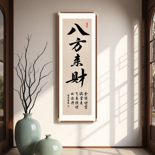 八方来财手写字画老板办公室玄关走廊书房背景墙装饰书法竖版挂画