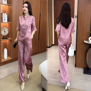 阔腿裤 时尚 提花两件套潮 时髦洋气立领盘扣衬衫 新款 套装 女2026夏季