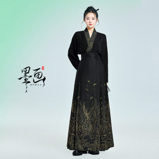 青鸾墨画原创明制汉服改良衬衫上衣黑织金马面裙日常套装2025新款