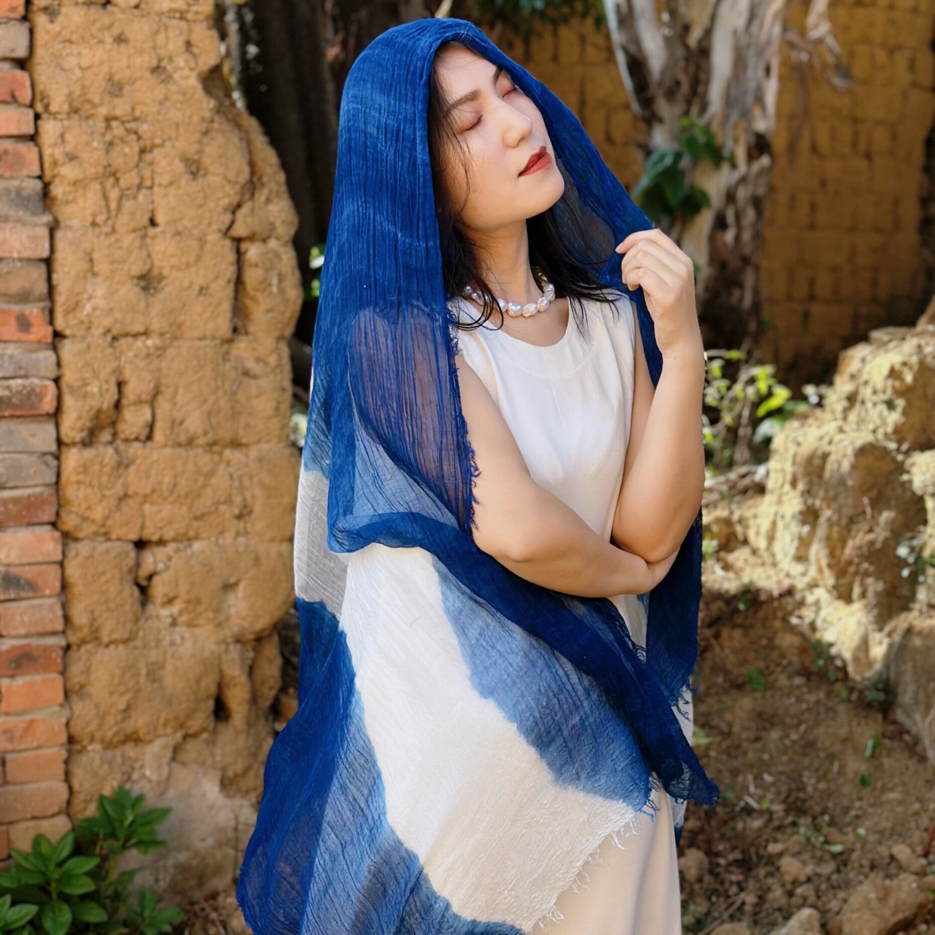 【山水清欢】民族风扎染渐变色围巾 文艺风格羊毛披肩